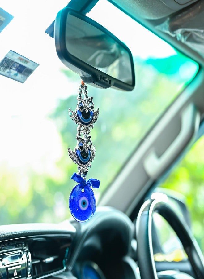 Hindcraft Hanging Decoration Items - 2 Owls Evil Eye Nazar Battu Hanging Showpiece | Protection Amulet for Home, Office & Car | Stylish Silver & Blue Good Luck Charm for Living Room Decor - Image 3